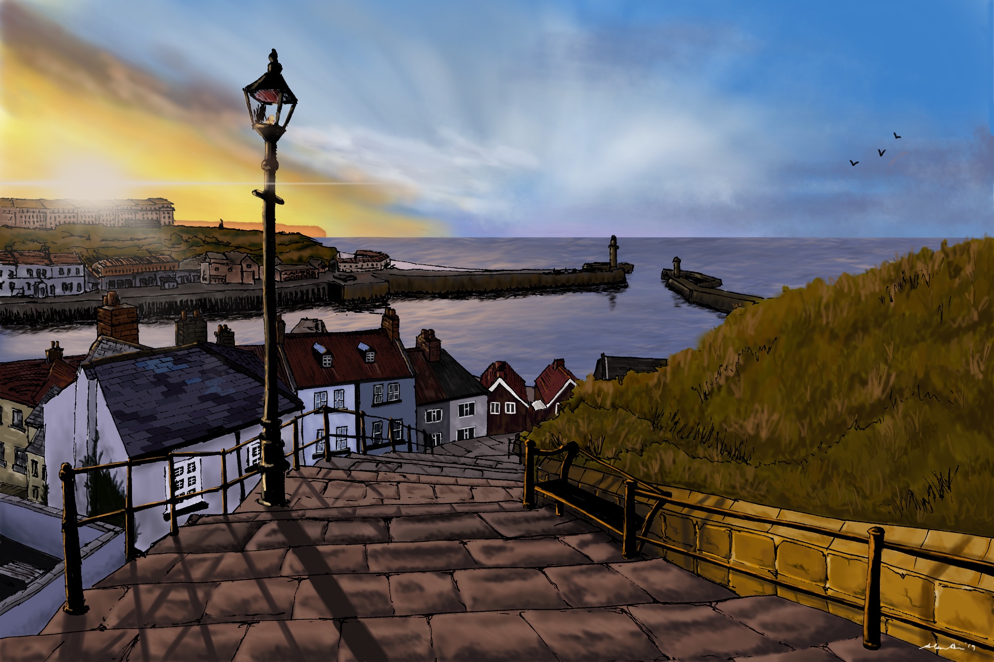 Sunset over Whitby harbour Alan Hill Art