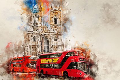 "London's Spirit" - Red bus and Westminster Abbey canvas print