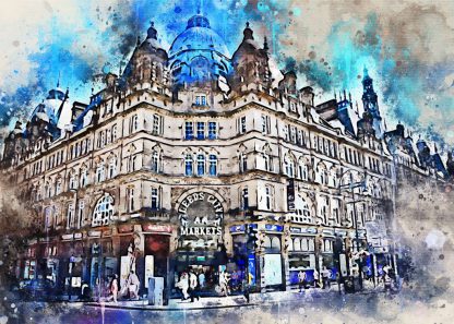 The Leeds City Market canvas print with a stunning watercolour effect applied