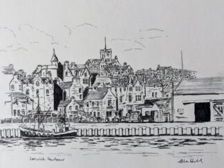 Lerwick Harbour fine link ink drawing, A4