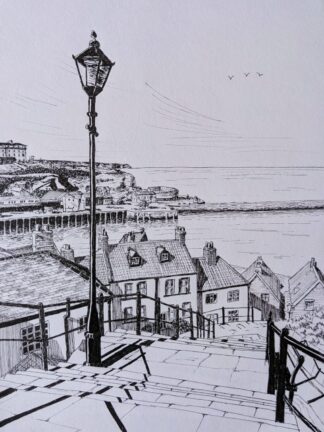 Whitby Fine Line Ink Drawing, Whitby Yorkshire - Steps from Abbey and Harbour View - Fine Line Ink Artwork