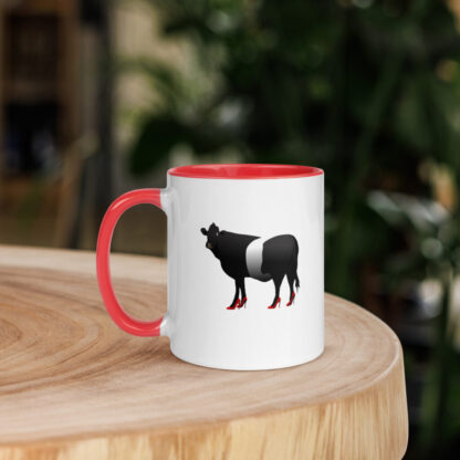 Belted Galloway cow with red heels - mug with coloured handle and interior