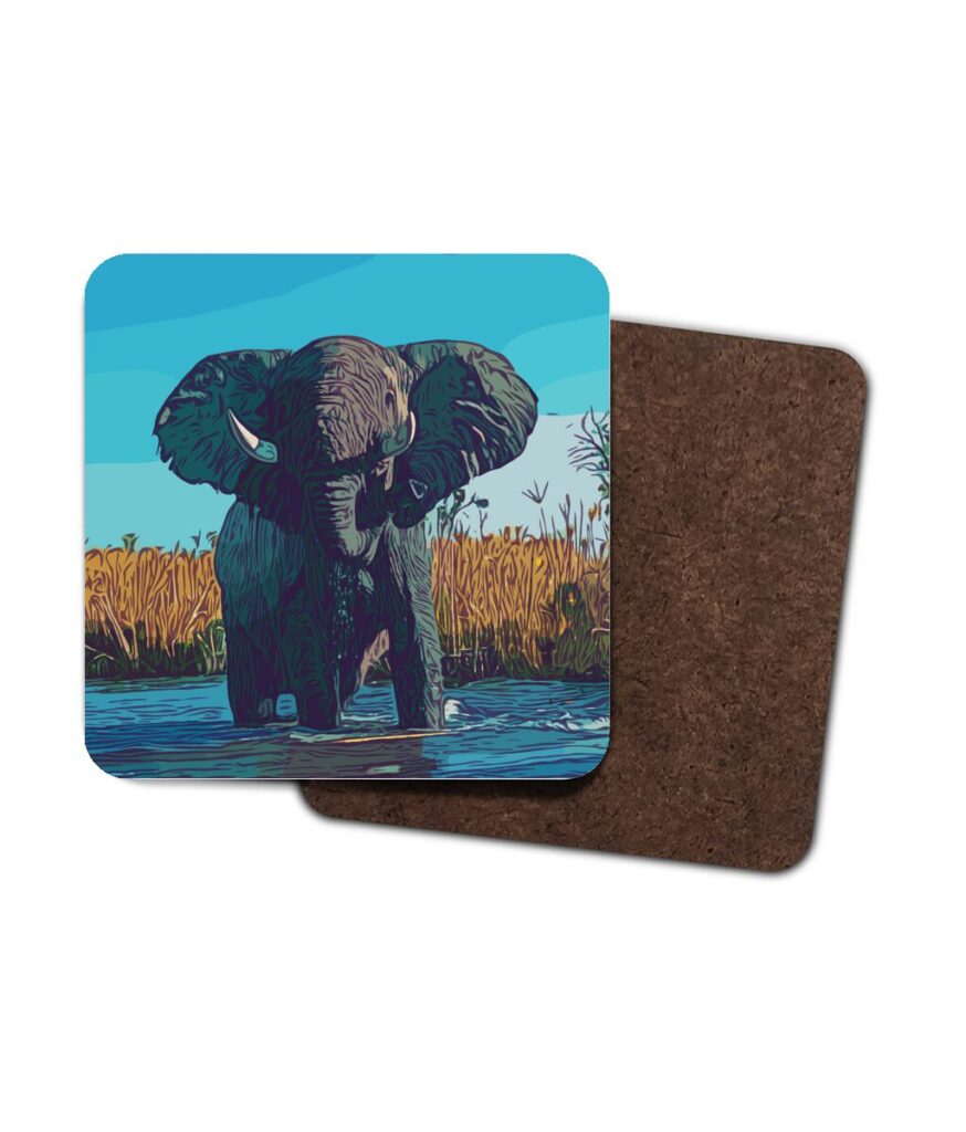 Elephant in water in bold colours 4 Pack Hardboard Coaster